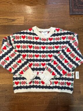 Old Navy Cream Knit Sweater with Red Hearts and Navy Stripes